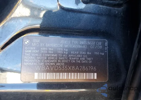 2008 BMW 335 Xi z USA, uszkodzony, nr VIN WBAVD535X8A286196